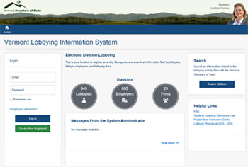Picture of the Lobbying Information System home page